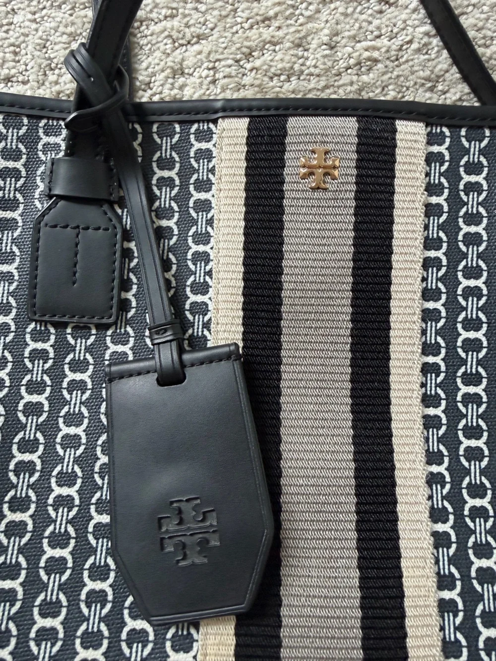 Tory Burch Black and Cream Stripe Logo Jacquard Tote